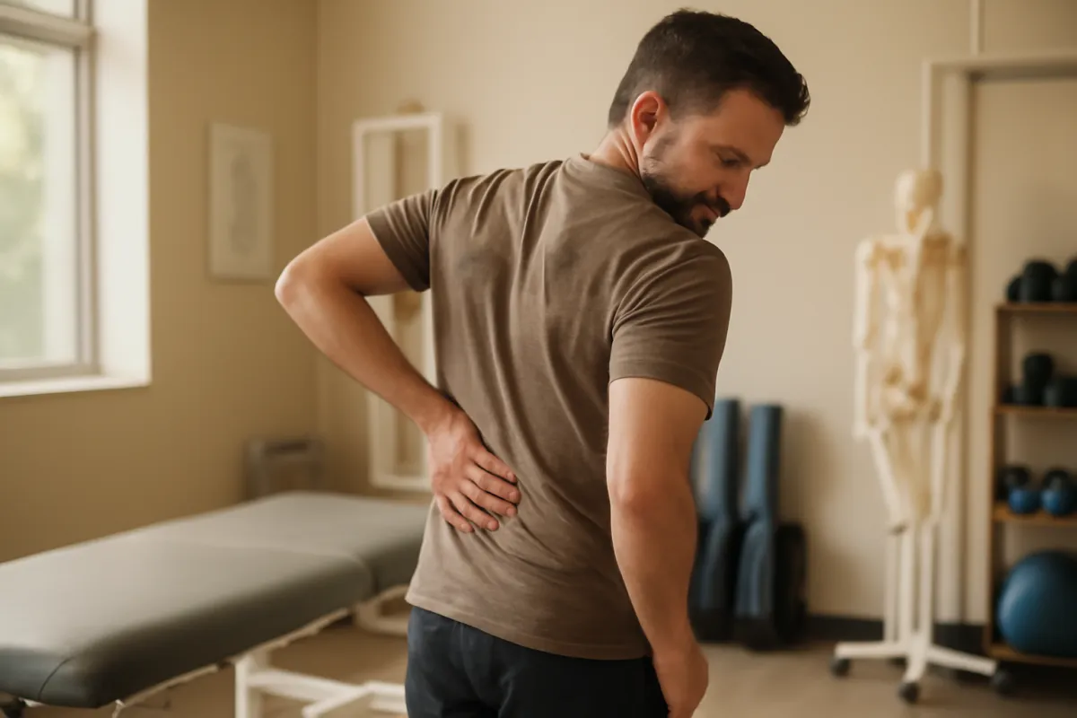A person in a physical-therapy clinic pressing a hand to their lower back in discomfort, in warm amber light
