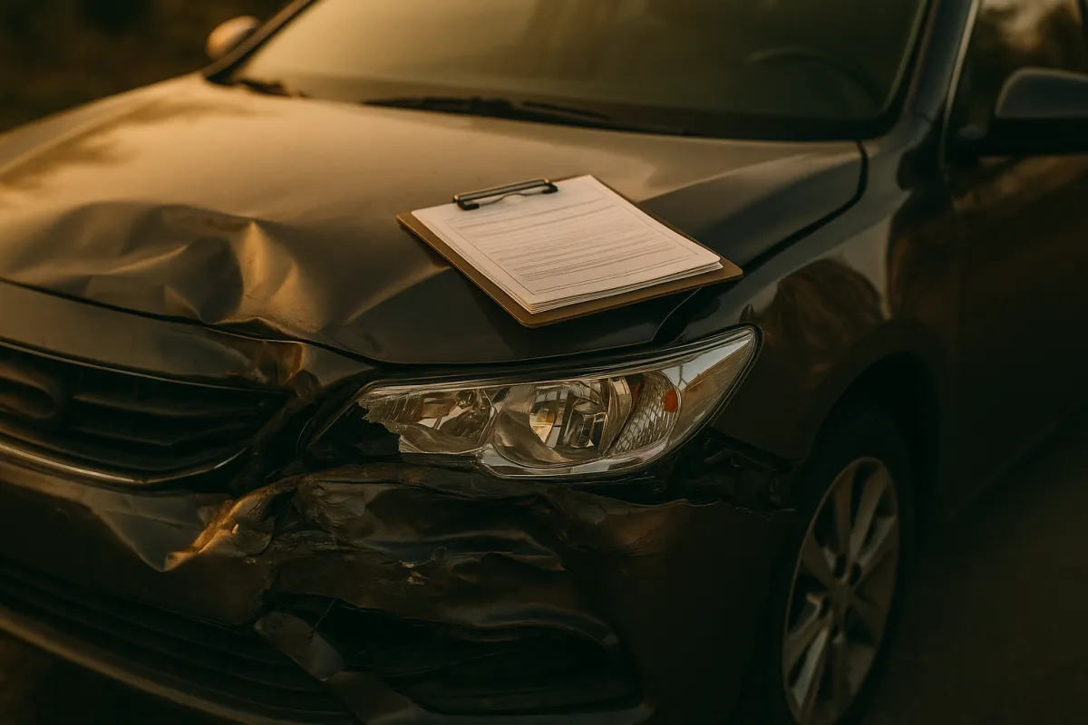 A damaged car with a clipboard of paperwork resting on its dented hood in warm light