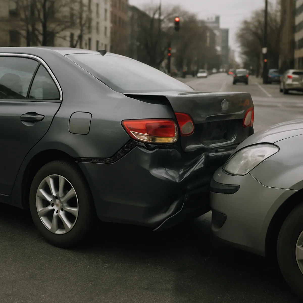 A dark grey sedan with a crushed rear quarter panel and a silver car pressed against it on a wet city street under an overcast sky