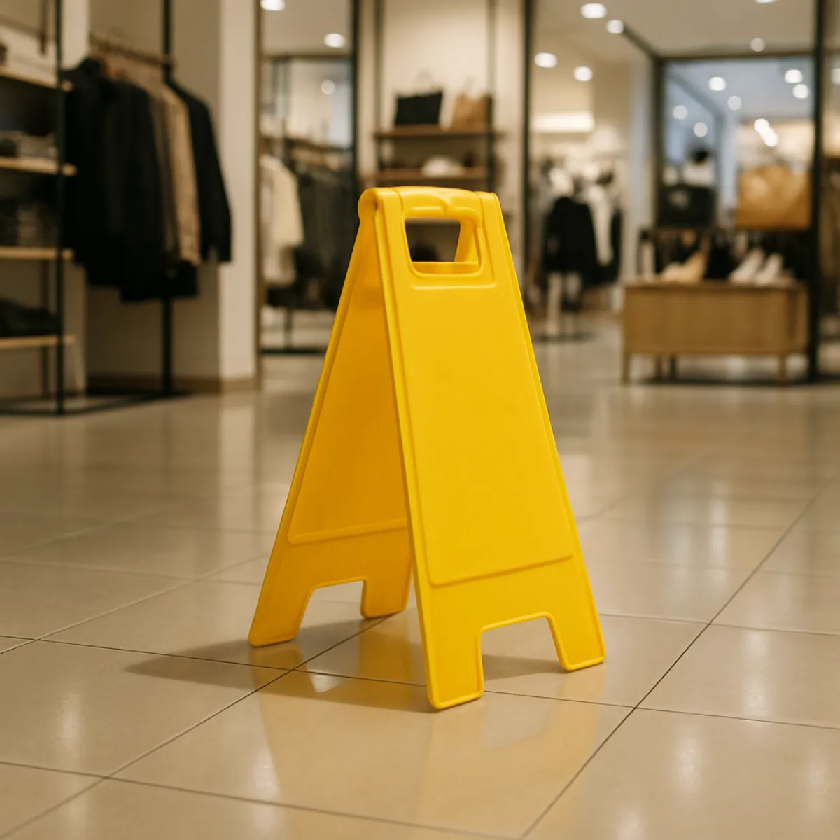 A yellow wet-floor caution sign standing on the tiled floor of a retail store, marking a hazard a property owner is responsible for