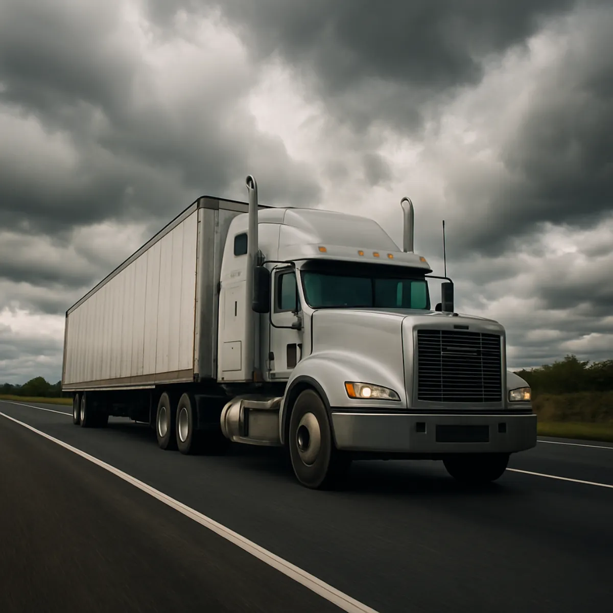 A white tractor trailer travelling on a highway under a heavily clouded sky, photographed from a low front three-quarter angle