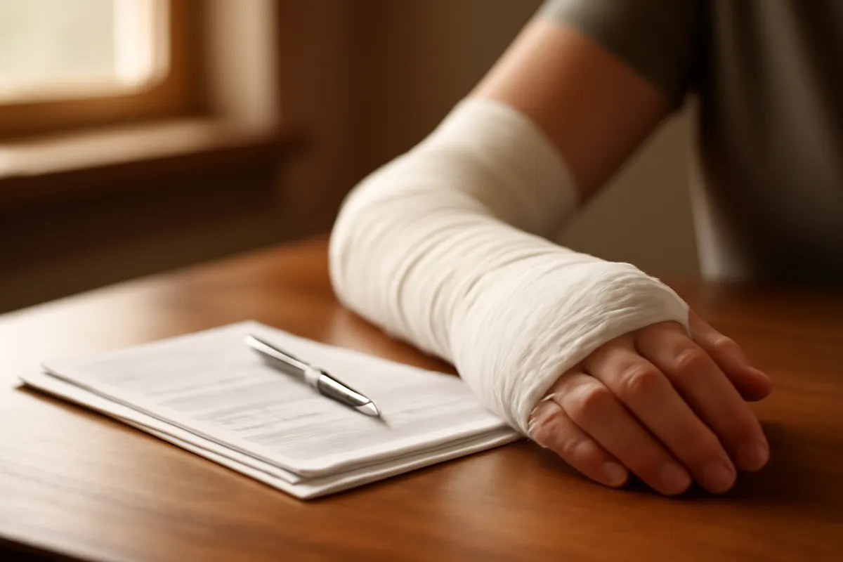 A neatly bandaged human hand and forearm resting on a wooden desk beside medical paperwork and a pen in warm light