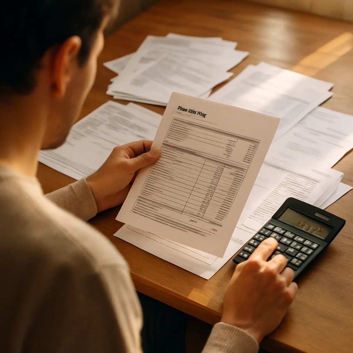 A person at a wooden table holding a printed sheet of ruled line items and figures, with more printed pages spread across the table and one hand resting on a black desk calculator