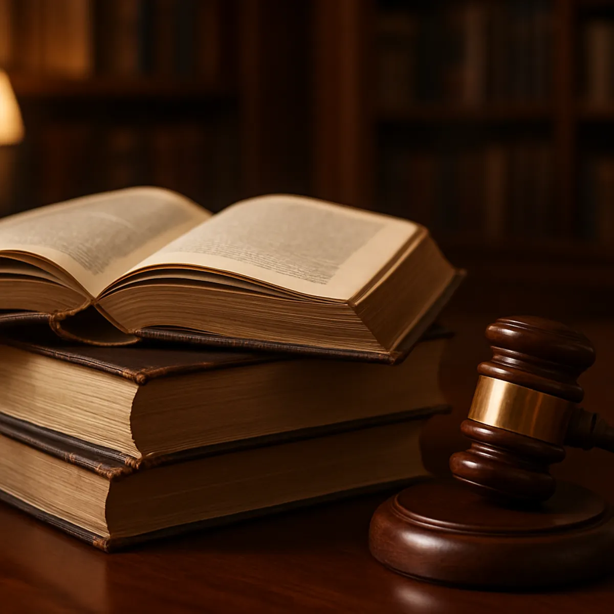 An open book resting on a stack of two closed hardback books beside a wooden gavel on its round block, on a polished table in a dim room lined with shelves