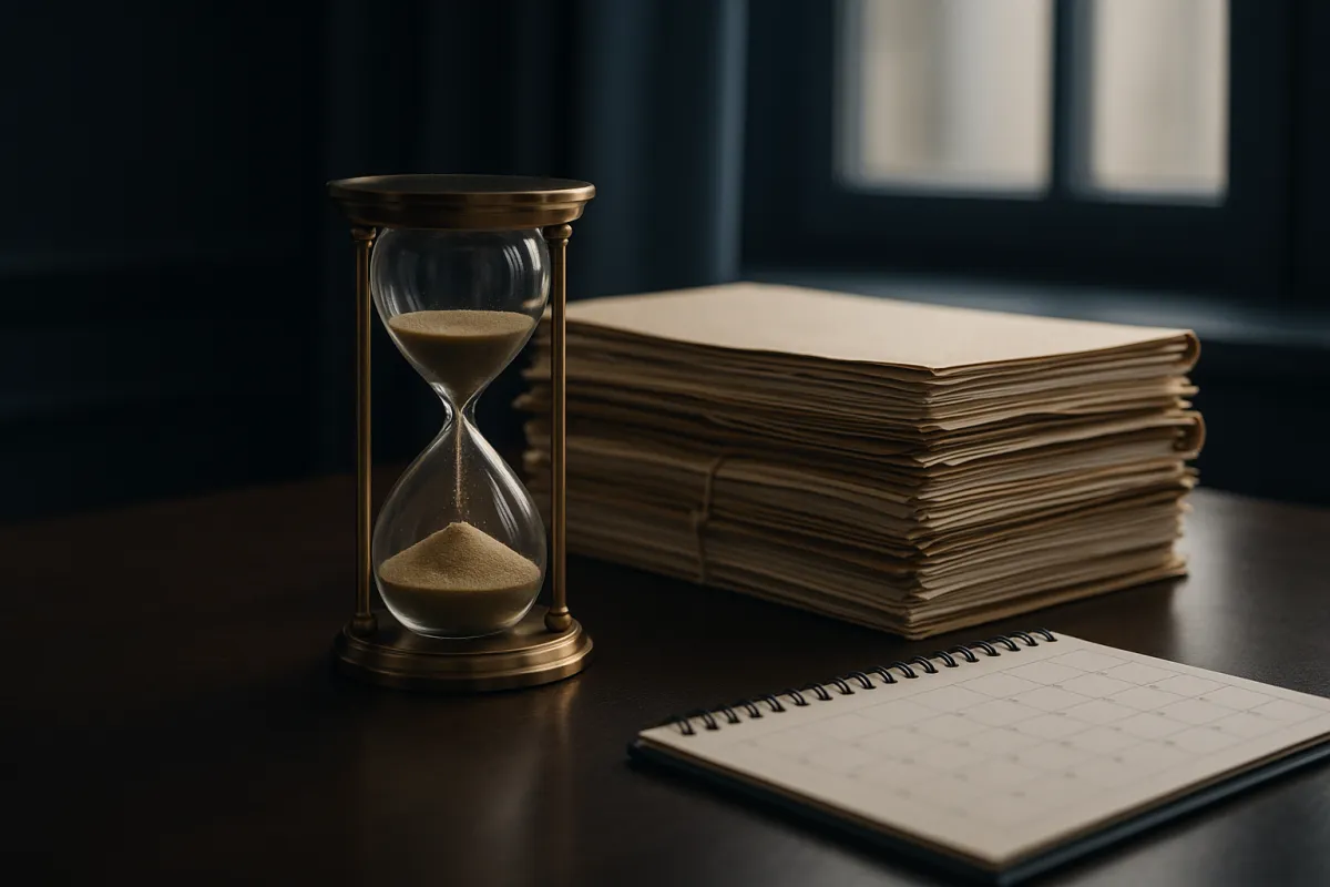 An hourglass on a desk beside a stack of legal case files and a calendar