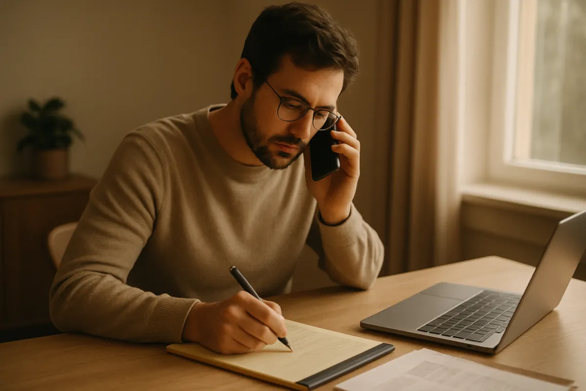 A person sitting at a tidy home desk on a phone call, taking handwritten notes on a legal pad about an insurance claim, in muted amber daylight