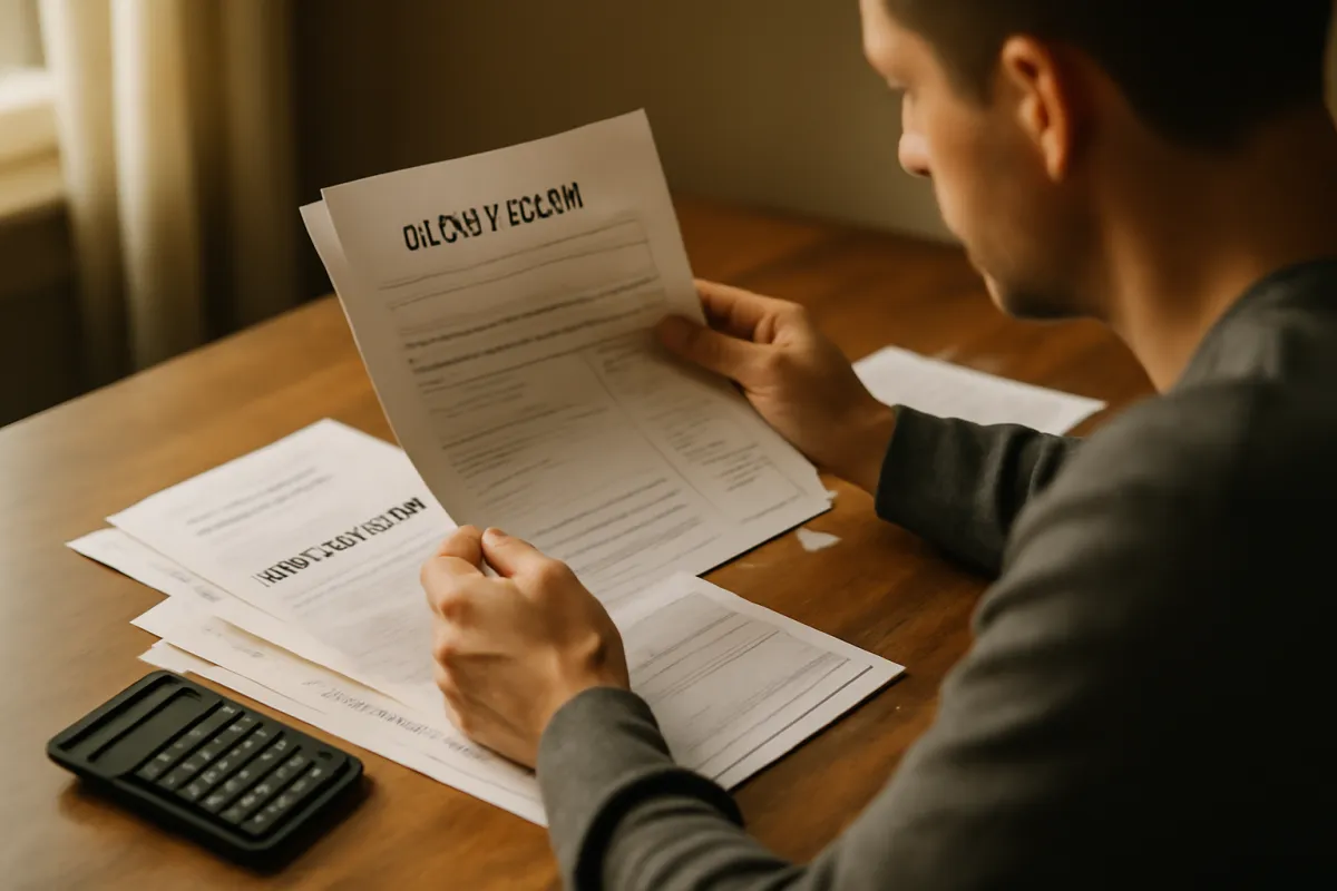 A person reviewing a stack of injury claim paperwork and medical bills at a wooden desk in muted amber daylight