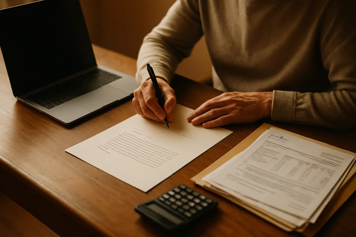 A person drafting a formal demand letter by hand at a wooden desk beside a laptop, a folder of medical bills, and a calculator, in muted amber daylight