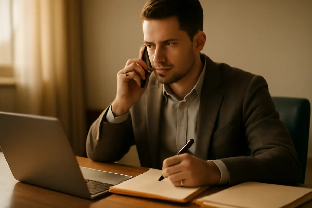 A person on a phone call at a tidy desk taking notes on a legal pad while looking at a laptop, in muted amber light