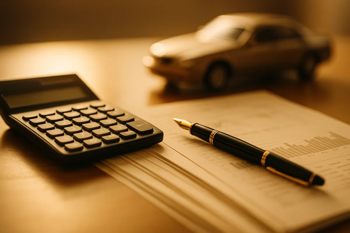 A calculator, a pen, and stacked financial documents beside a small model car on a wooden desk in warm amber light