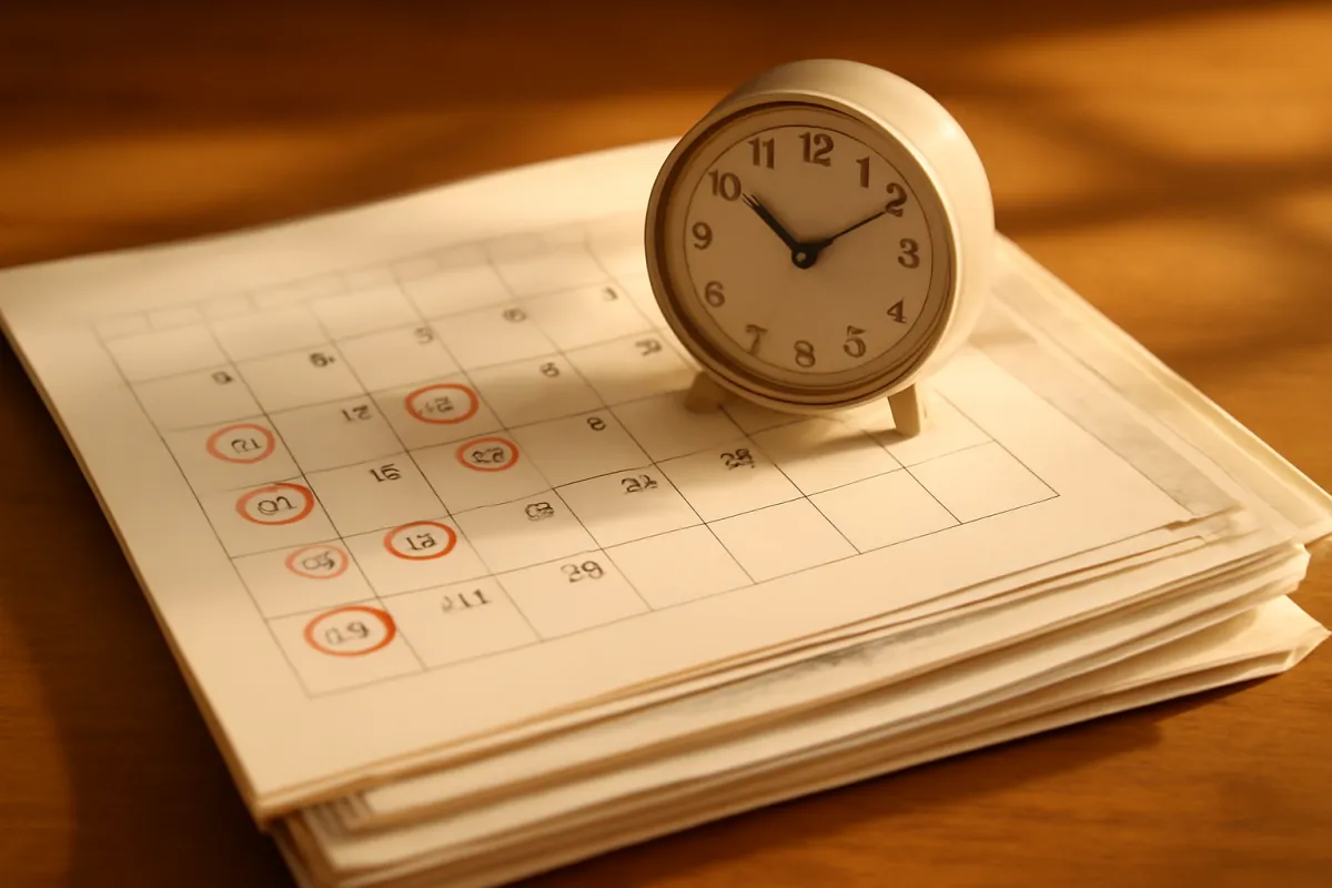 A calendar with circled dates and a small clock resting on a stack of medical treatment records