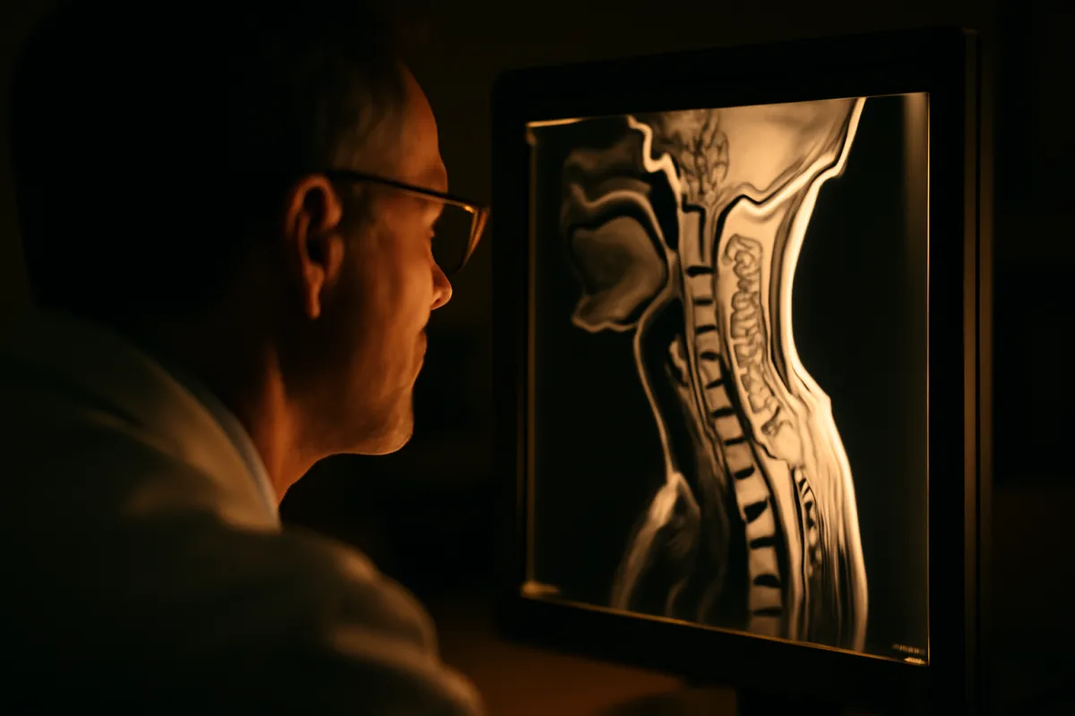 A radiologist reviewing a cervical spine MRI scan on a backlit medical display in a dim reading room with a muted amber tint