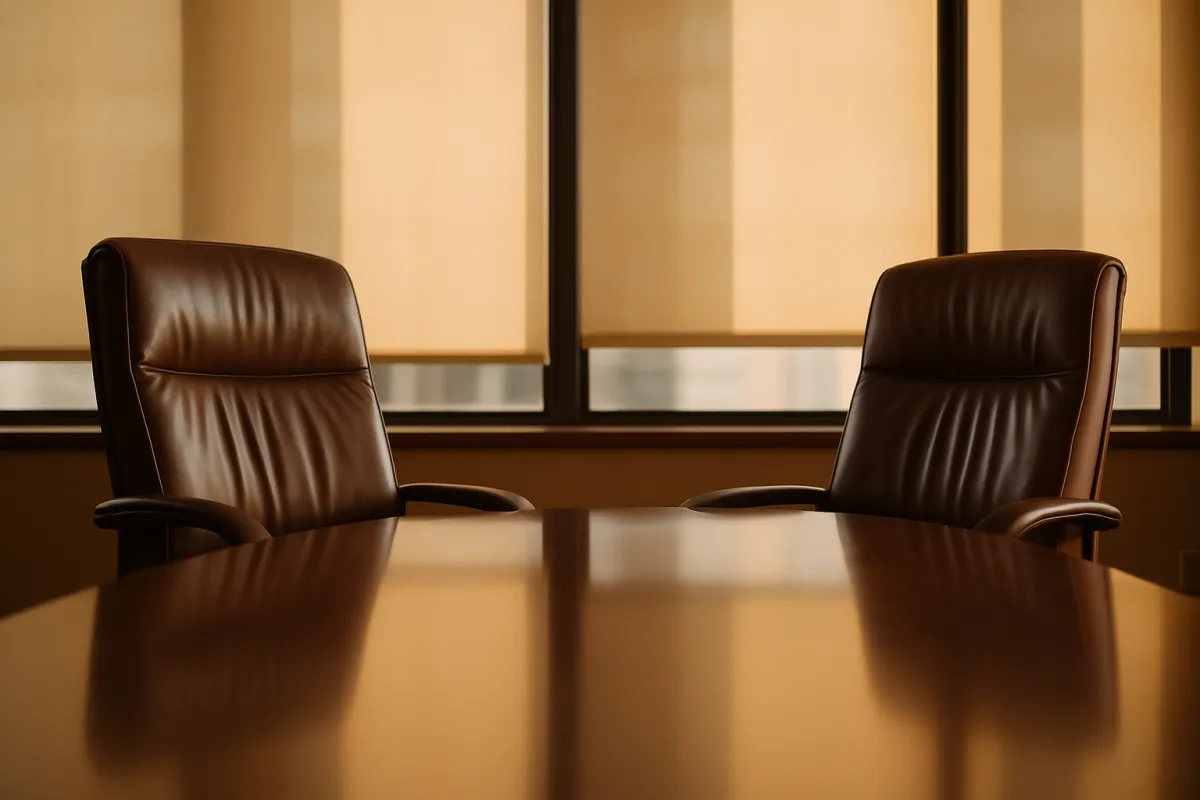 Two empty chairs facing each other across a polished negotiation table in warm light