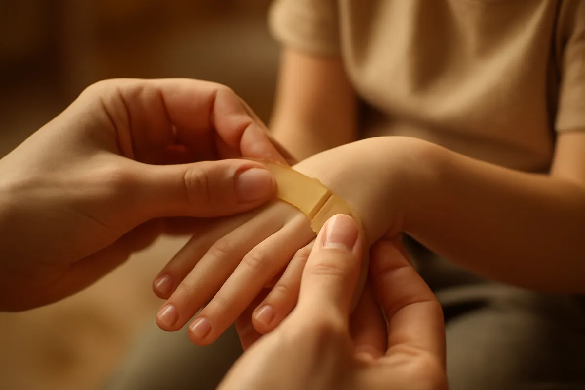An adult's hands gently applying a small adhesive bandage to a young child's hand in warm domestic light