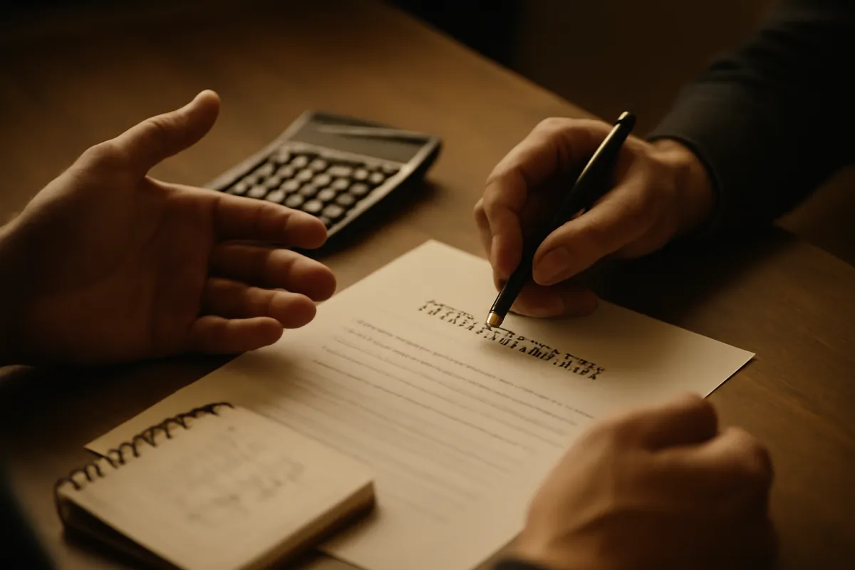 Close view of two hands negotiating across a desk over a settlement document with a calculator and notepad showing figures rewritten, in muted amber light