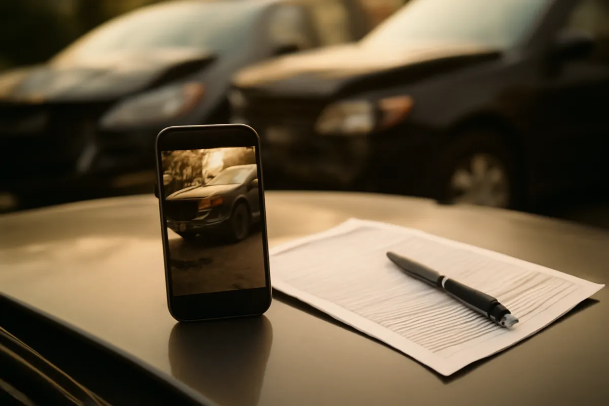 A smartphone photographing accident damage resting on a car hood beside a paper accident report form and a pen in warm daylight