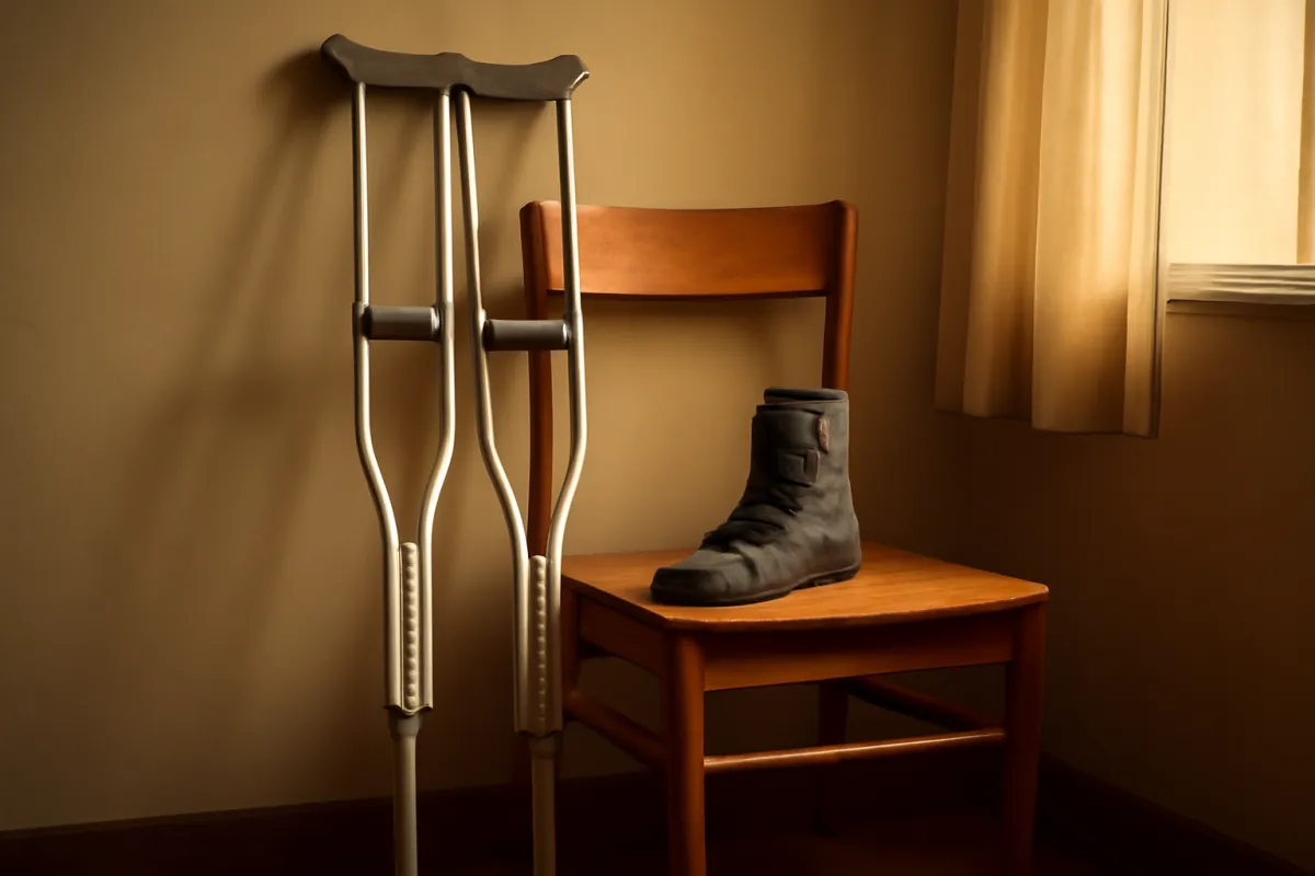 A pair of crutches and a fabric ankle brace leaning against a wooden chair in warm amber light