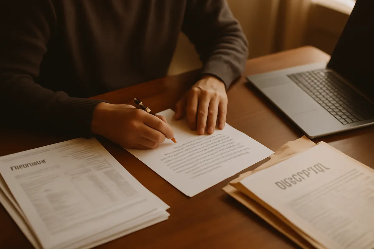 A person at a home desk drafting a formal demand letter with medical bills and an itemized folder of records fanned out beside a laptop in muted amber light