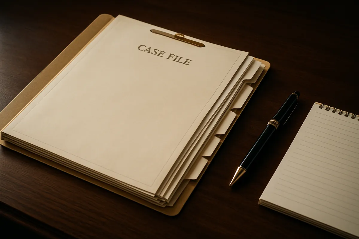 An organized legal case file folder with tabbed documents and a notepad