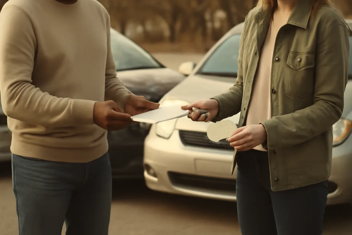 Two drivers beside their cars at a minor accident scene exchanging paper documents and insurance cards in muted amber daylight