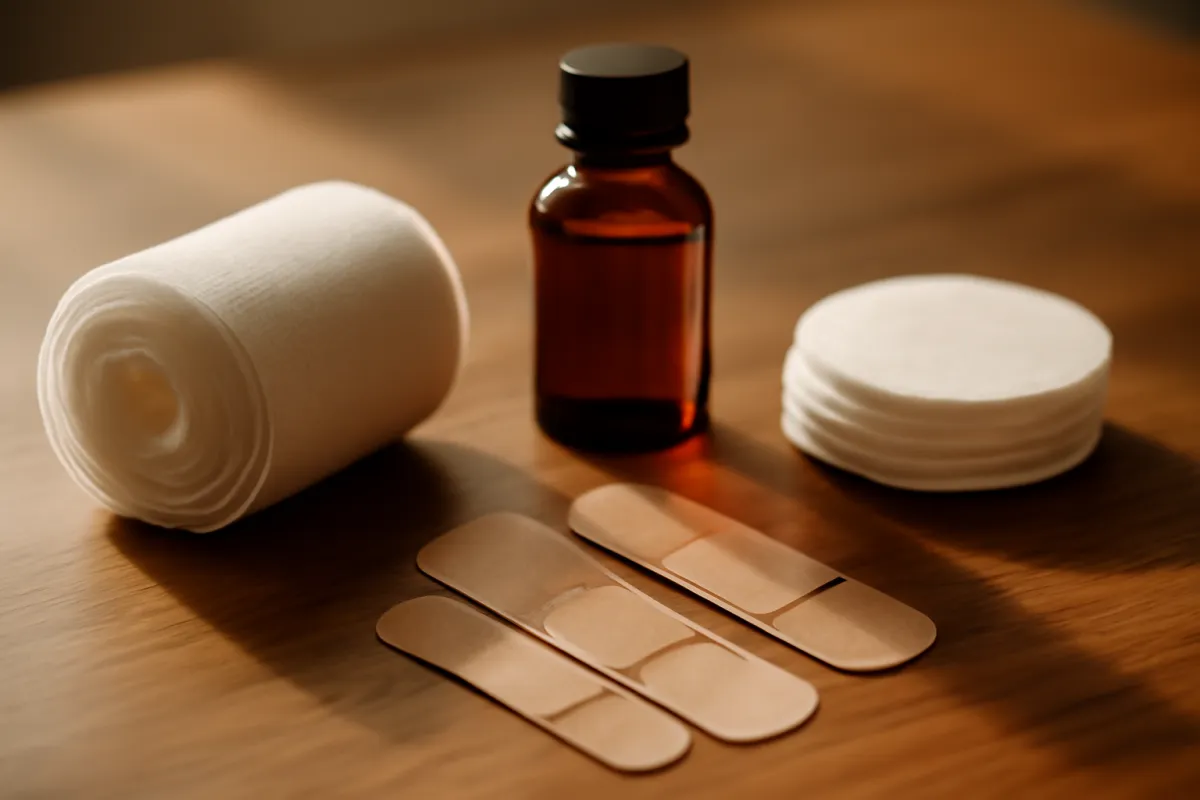 First aid supplies including white gauze, an antiseptic bottle, cotton pads, and bandages arranged on a wooden desk in warm light