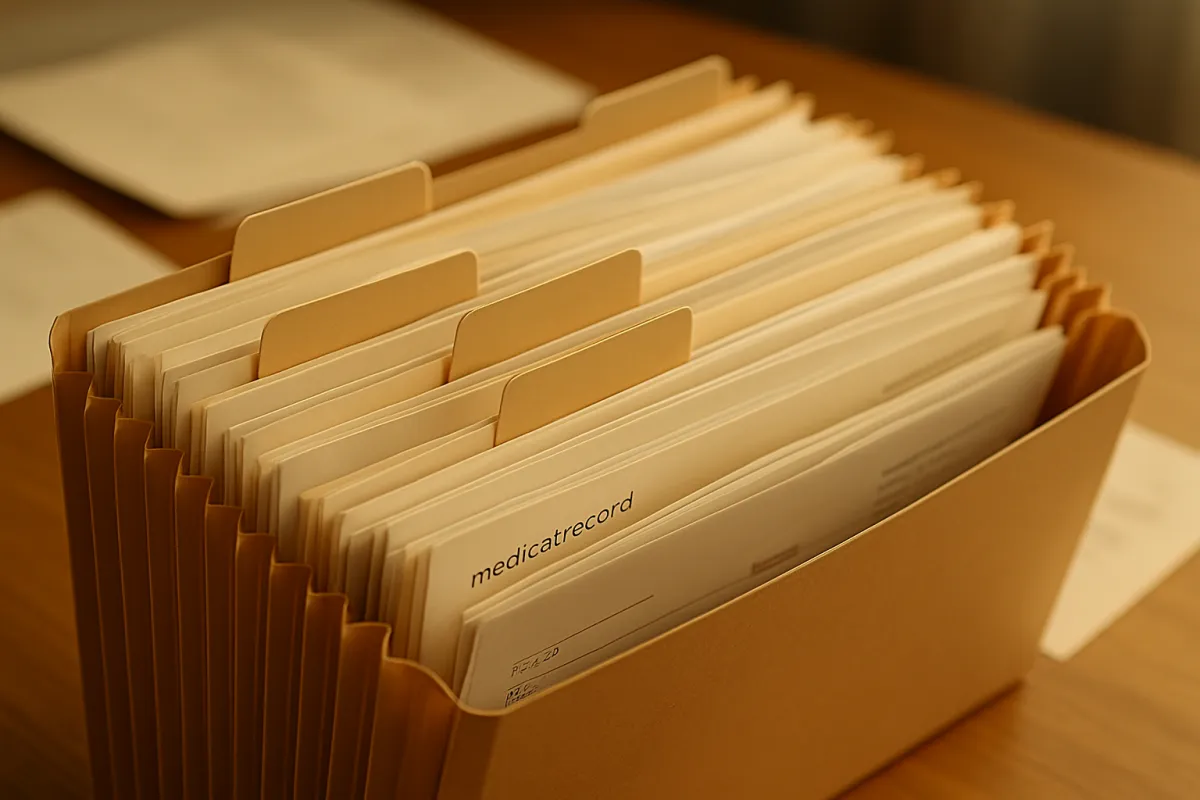 A neatly organized accordion folder of records and receipts with blank tabs on a desk