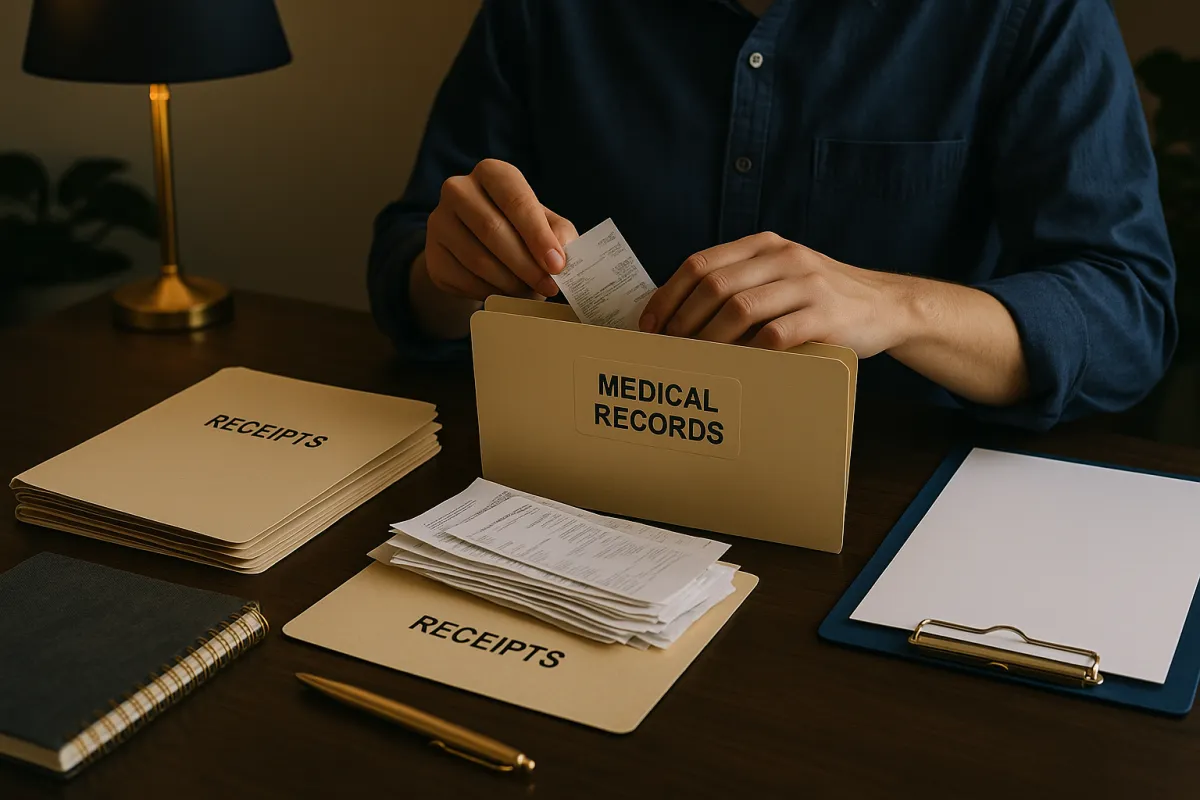 A person organizing medical records and receipts into labeled folders
