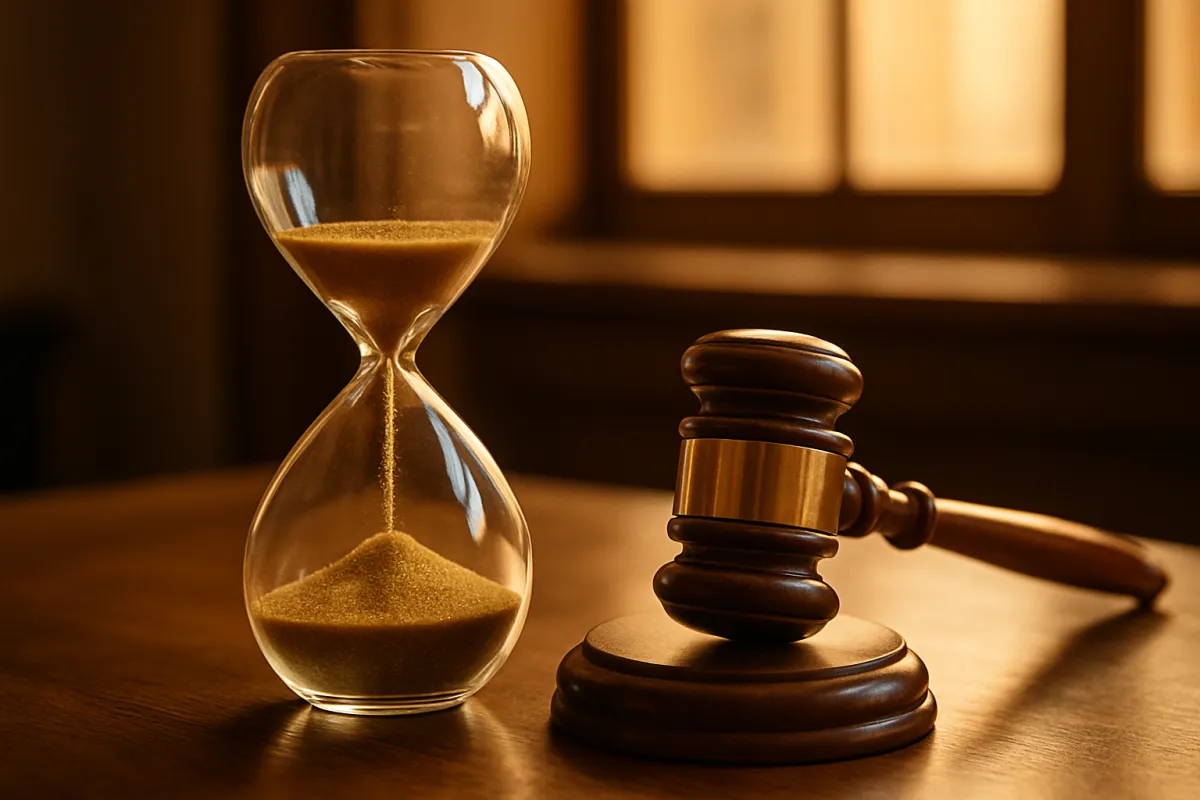 An hourglass with golden sand beside a wooden gavel on a desk in warm light