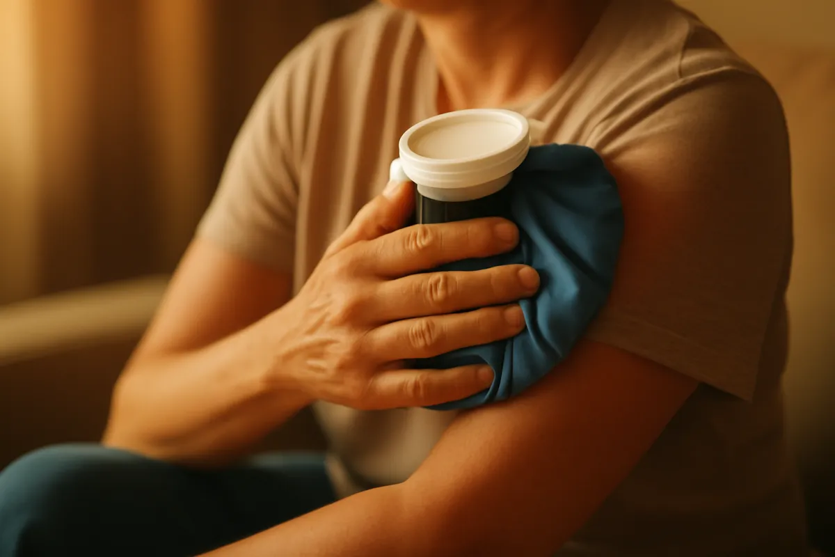 A person's hands holding an ice pack against a strained shoulder while seated in warm amber daylight