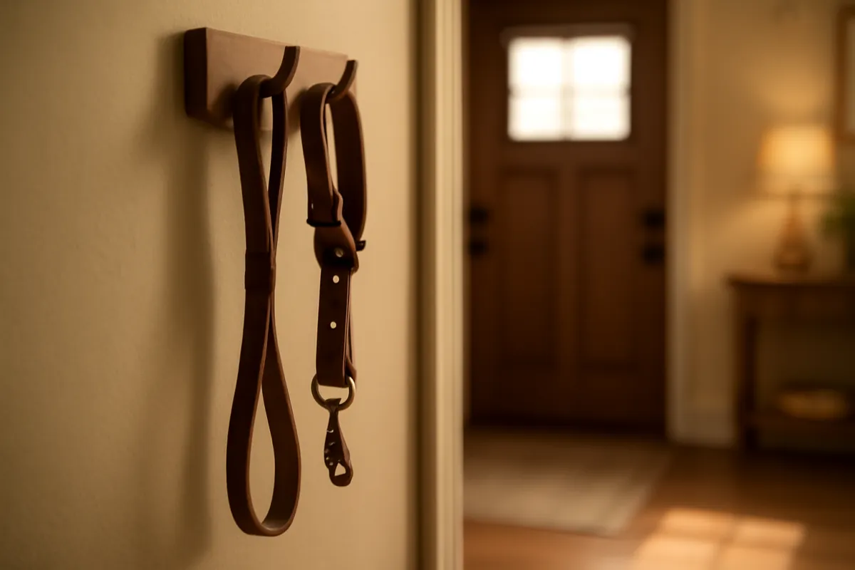 A dog on a leash held by a person, illustrating an owner's responsibility to control an animal on their property