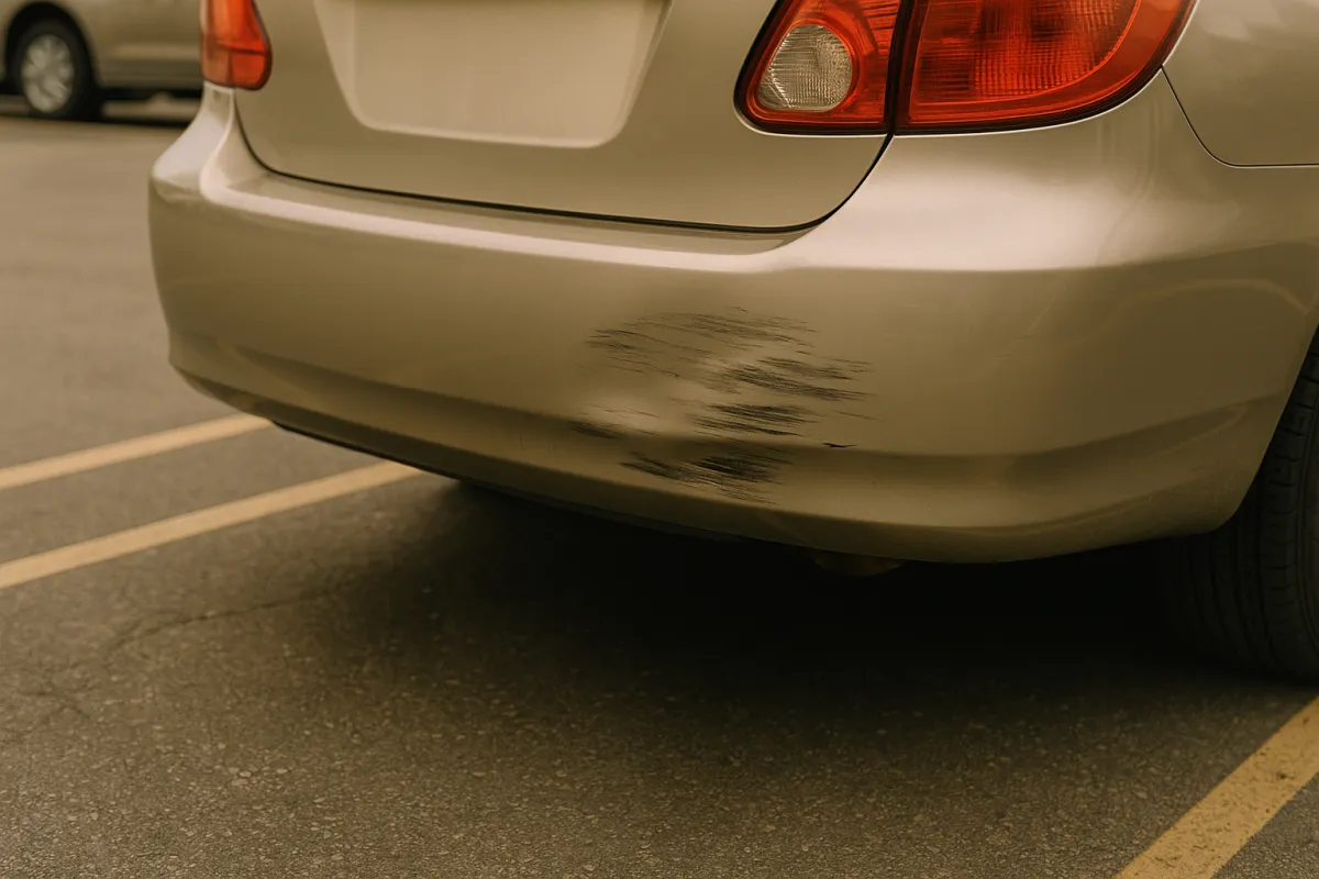 A car rear bumper with only minor scuff damage in a parking lot after a low-speed collision, tinted faintly gold