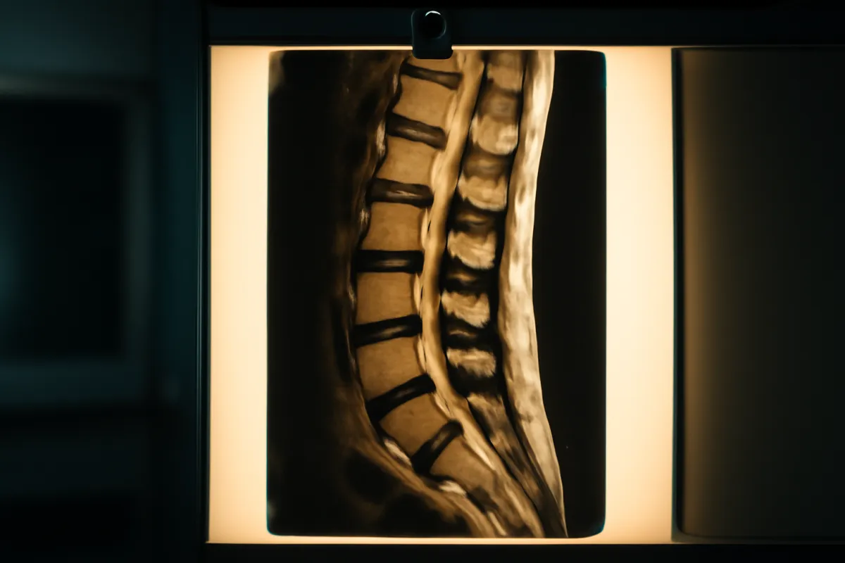 A lumbar spine MRI film on a glowing clinical lightbox in a dim radiology room, tinted warm gold