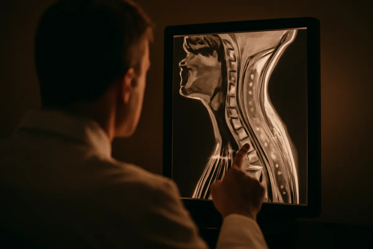 A radiologist viewing an MRI scan of a neck and spine on a backlit display in a dim reading room with a muted amber tint