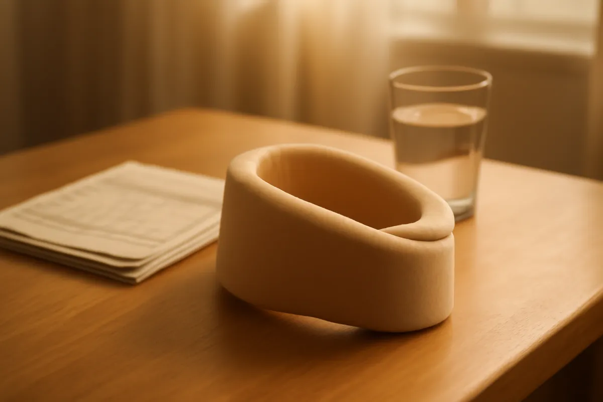 A soft foam cervical neck collar resting on a wooden table beside a folded medical chart and a glass of water in warm window light