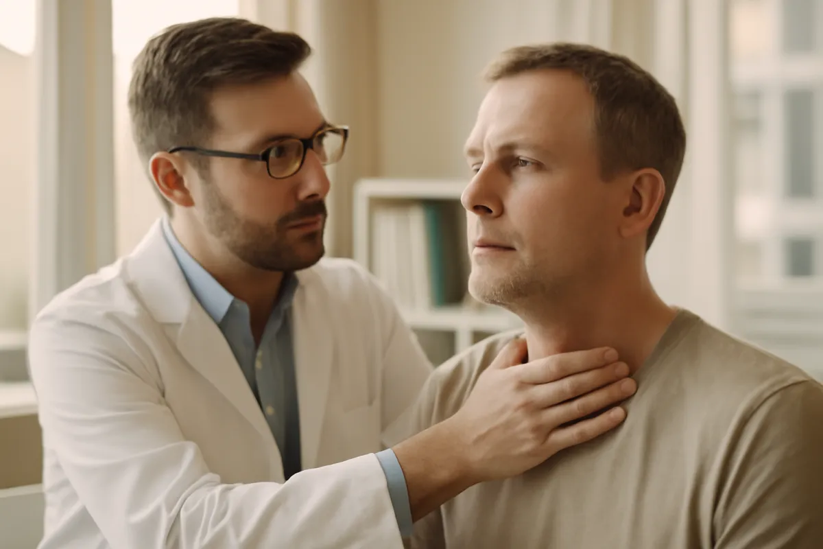 A physician gently examining an adult patient's neck and shoulders during a consultation in a bright clinic in warm amber daylight