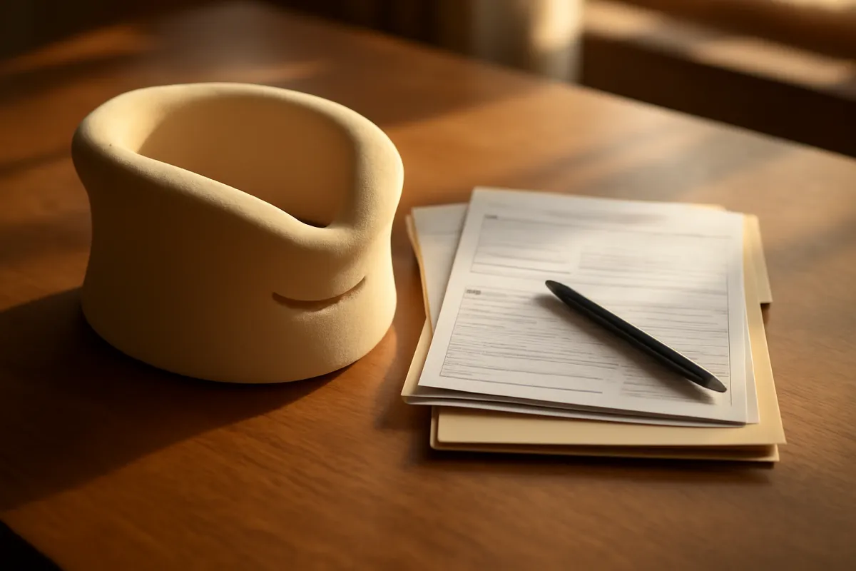 A foam cervical neck collar resting on a desk beside a stack of medical bills, physical therapy notes and an insurance claim folder in warm amber window light
