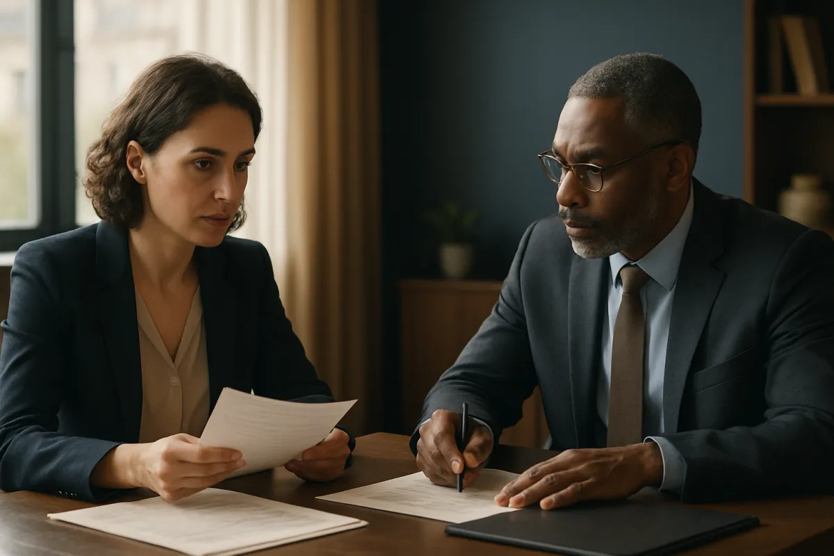 Two professionals sitting across a table discussing paperwork