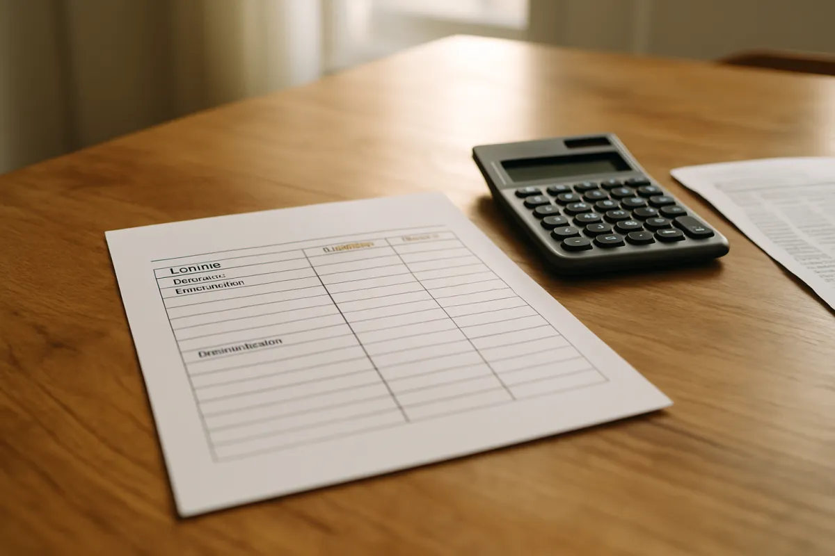 A printed statement sheet with ruled rows and two ruled columns lying on a wooden table beside a calculator and a second document
