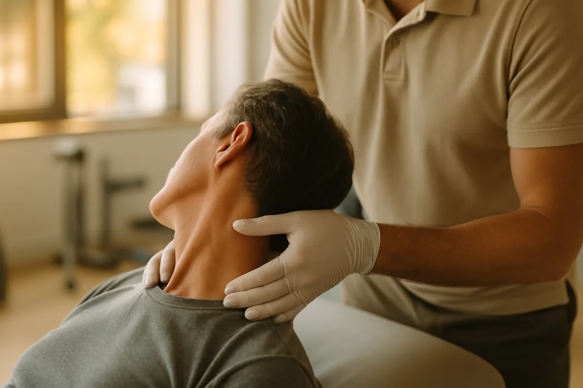 A physical therapist's gloved hands supporting a patient's neck during a gentle rehabilitation session in warm light