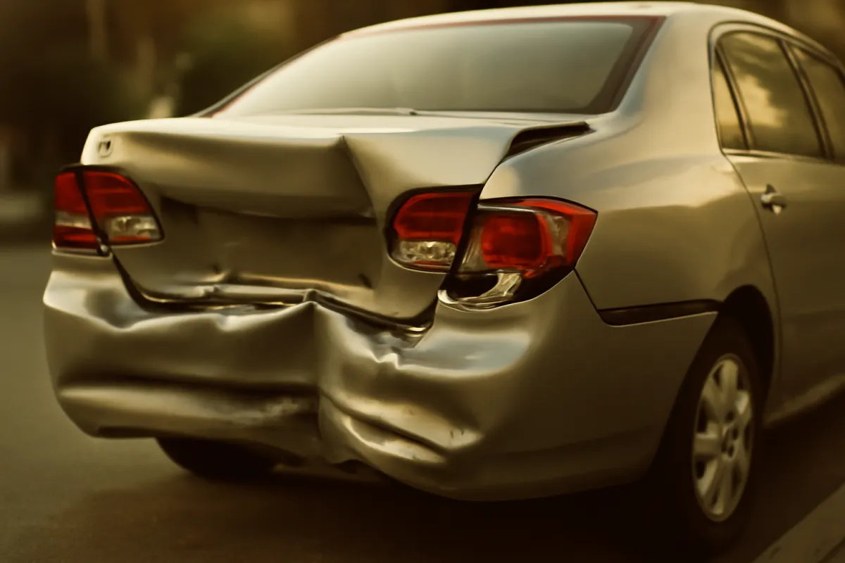 Two cars after a low-speed rear-end collision on a city street in warm gold light, the classic mechanism behind a whiplash injury