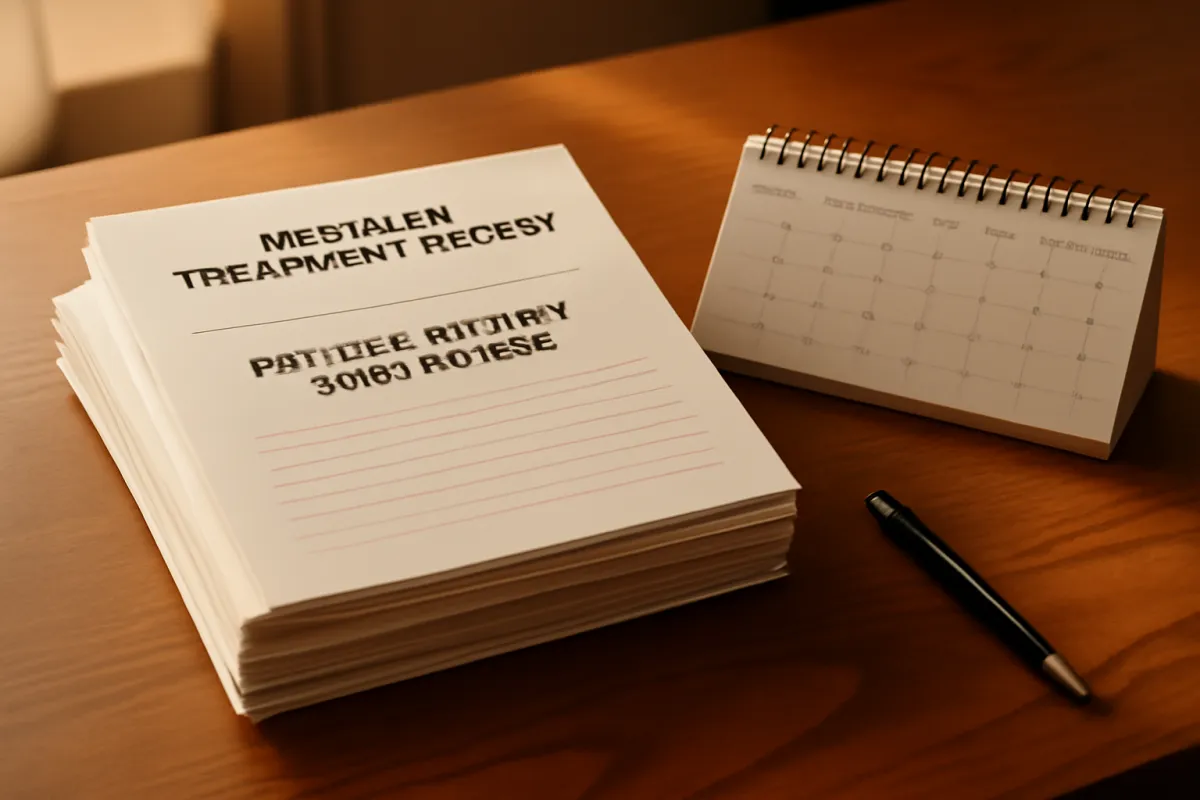 A tidy desk with medical records, itemized bills, and injury claim paperwork sorted into labeled folders in muted amber daylight
