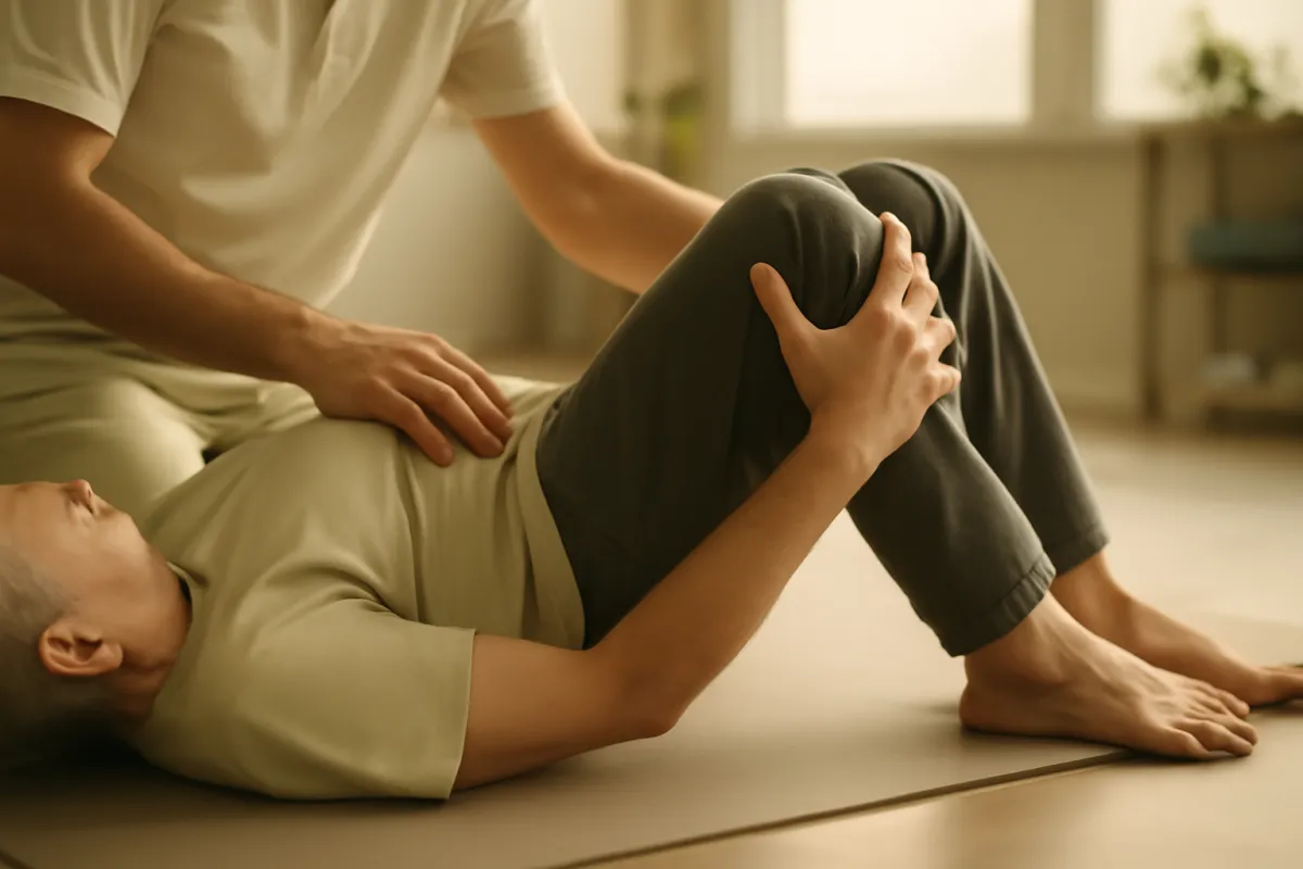 A physical therapist guiding a patient through a gentle lower-back rehabilitation exercise, in warm natural light