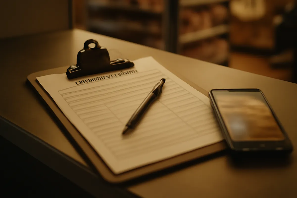 A clipboard with a blank incident report form and a pen on a store counter beside a phone showing a blurred photo, in warm amber light