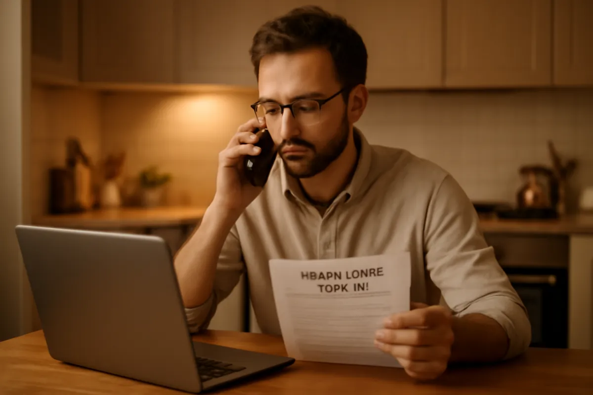 A person at a kitchen table on a phone call holding an insurance policy document beside a laptop, reporting a claim, in warm amber light