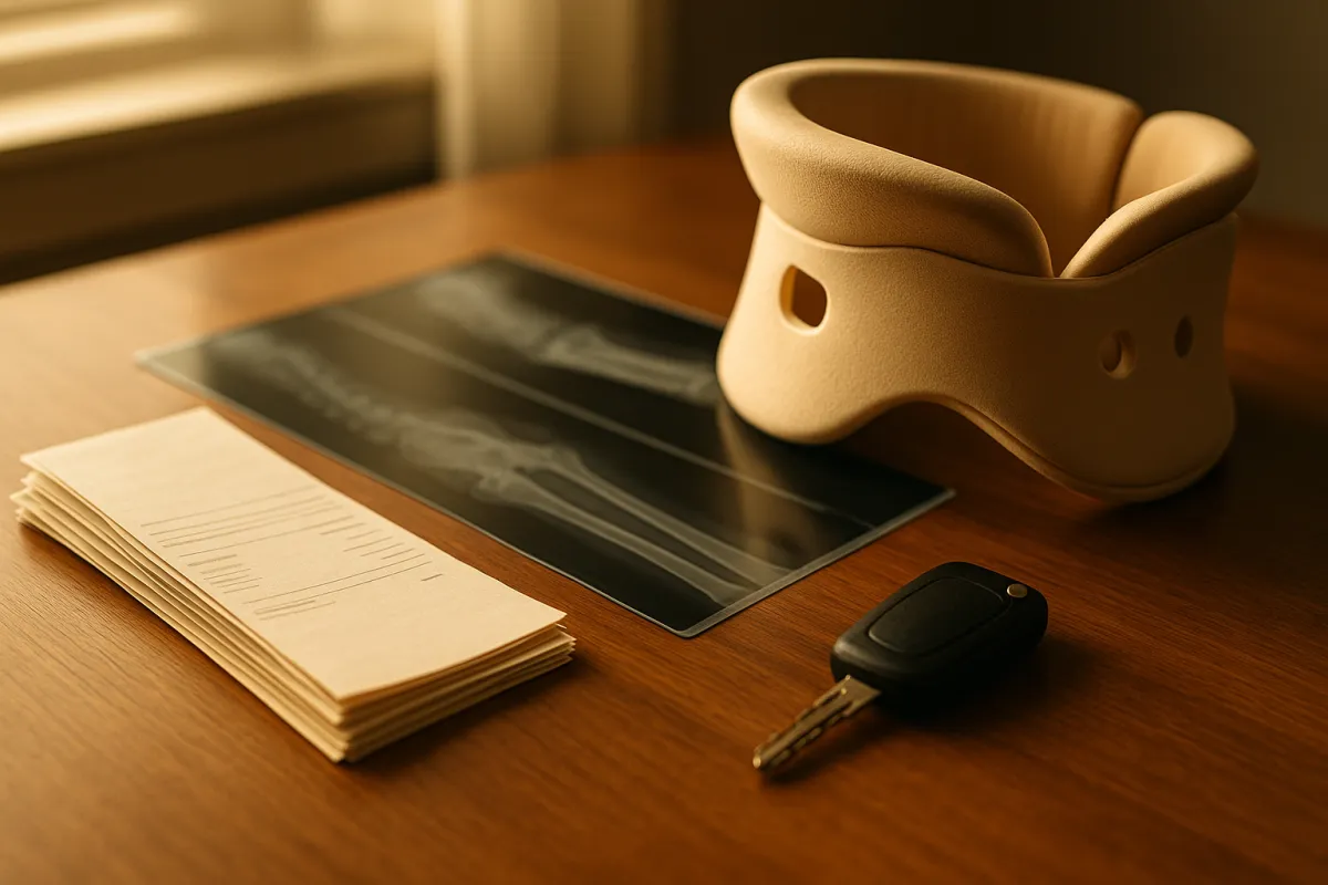 Medical bills, folded X-ray films, a neck brace, and a car key arranged on a wooden desk in warm light