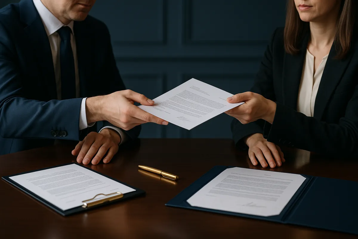 Two professionals exchanging signed documents across a polished table