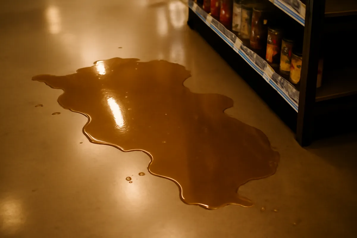 A spreading puddle of liquid on the floor of a store aisle beside a shelf of goods, an unaddressed slip hazard