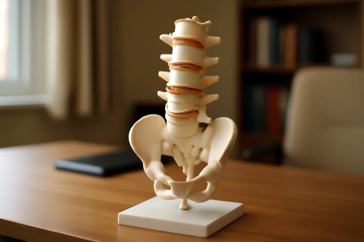 An anatomical model of the human lumbar spine on a doctor's desk in warm light