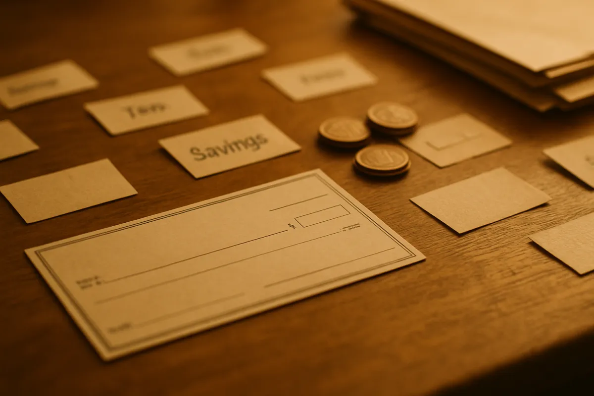 A single paper check on a desk partly covered by small labeled slips and a few coins, suggesting a sum being divided