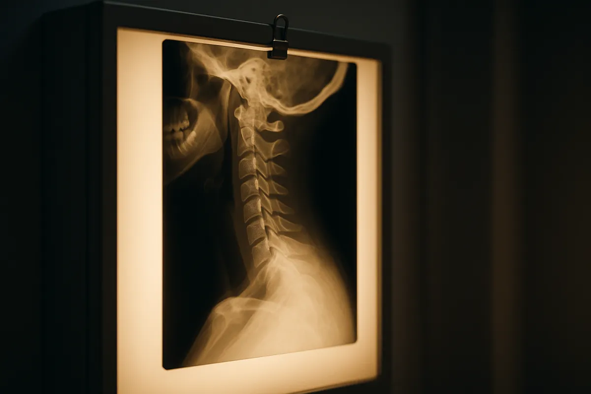 A cervical spine X-ray film clipped to a softly glowing lightbox in a dim clinic, tinted warm gold
